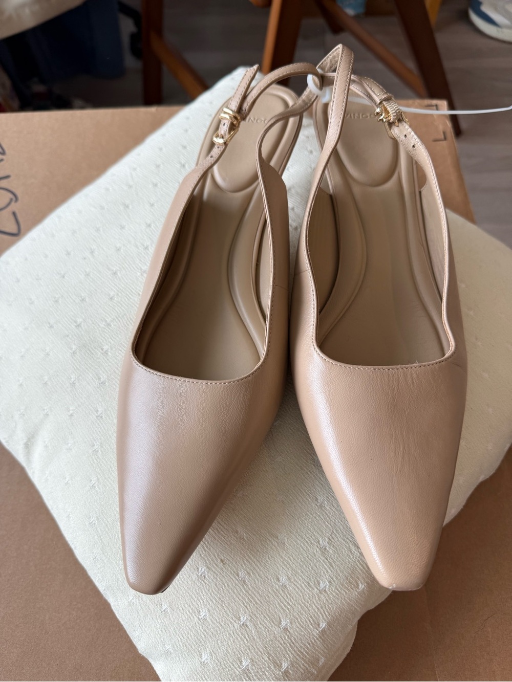 Vince Nude Leather Pointed Slingback Kitten Heel